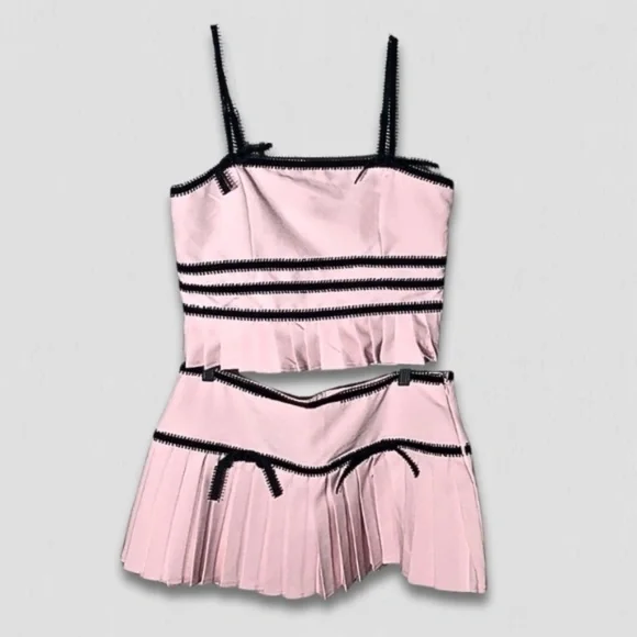 Forever 21 Pink Black Bow Cropped Top Pleated Skirt Medium - Picture 3 of 16
